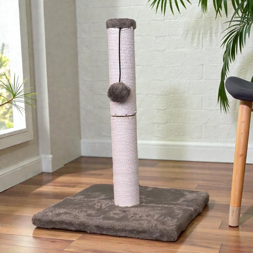 Plush Two-Tone Cat Scratching Post with Pom Pom Toy - Brown & Cream